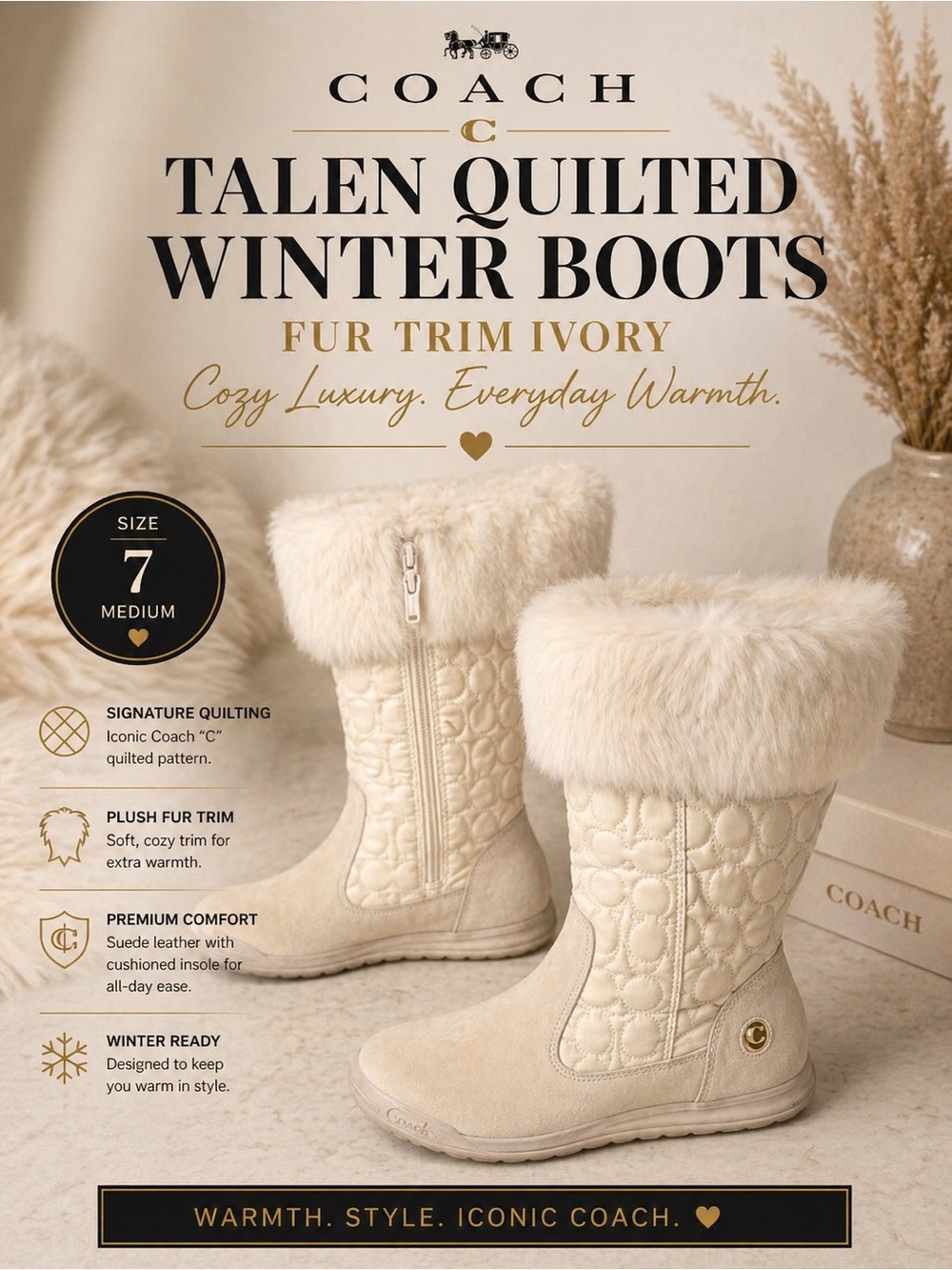 Coach Talen Quilted Winter Boots Fur Trim Ivory Size 7